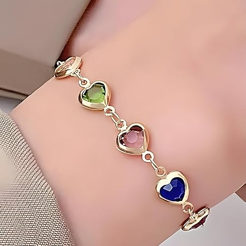 8KGold Plated Bracelet for Women & Girls –Colorful Heart Charm Bracelet, Lightweight & Comfortable, Gift for Girls and Women