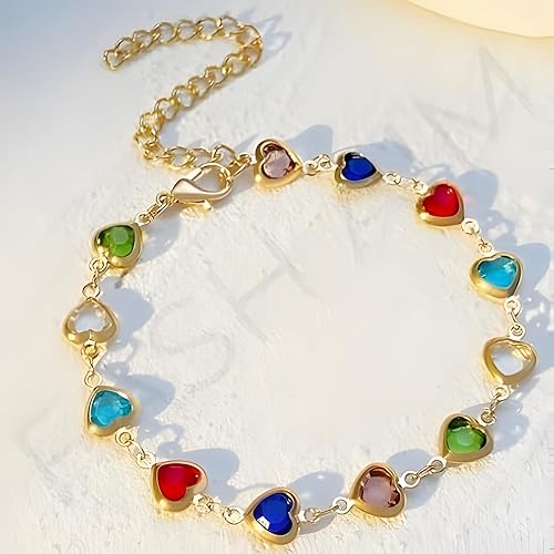 8KGold Plated Bracelet for Women & Girls –Colorful Heart Charm Bracelet, Lightweight & Comfortable, Gift for Girls and Women